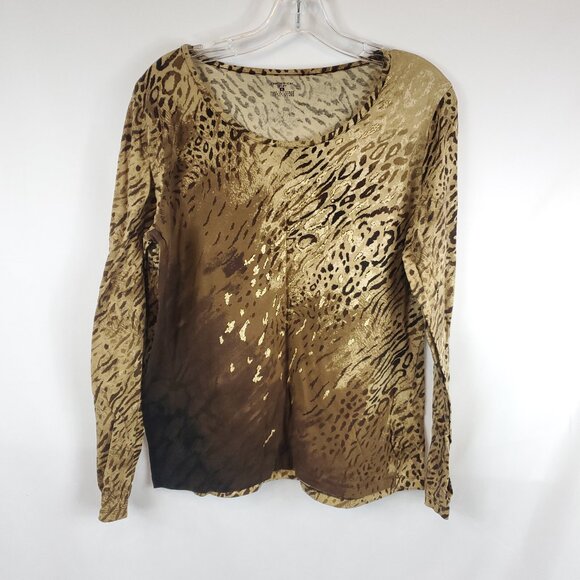 Jones New York Sport Brown Tan Gold Animal Pring Long Slv Wide Neck Blouse Sz XL - Picture 1 of 9